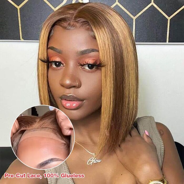 Wear & Go Bob Wig Highlight Wig Pre Cut HD Lace Closure Glueless Human Hair Wigs Beginner Friendly