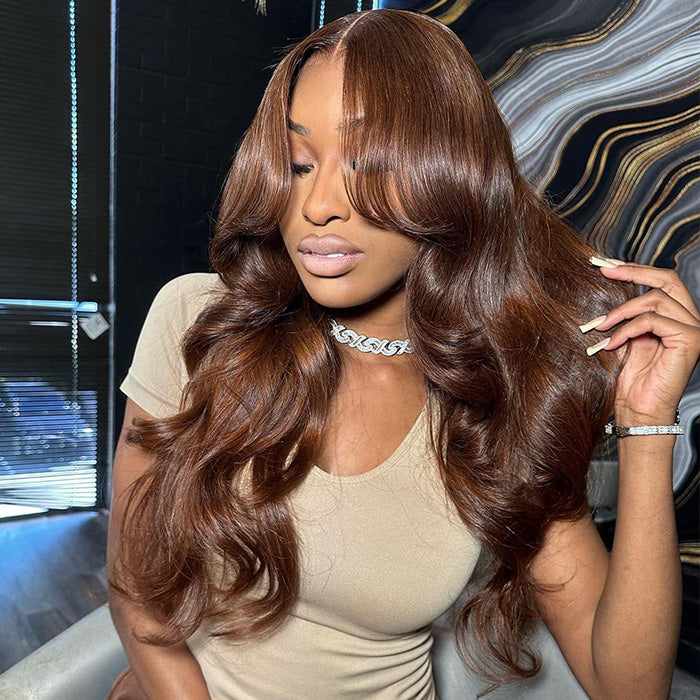 Curtain Bangs 13x4 HD Lace Body Wave Glueless Wig Butterfly Hair Cut Chestnut Brown Lace Wig