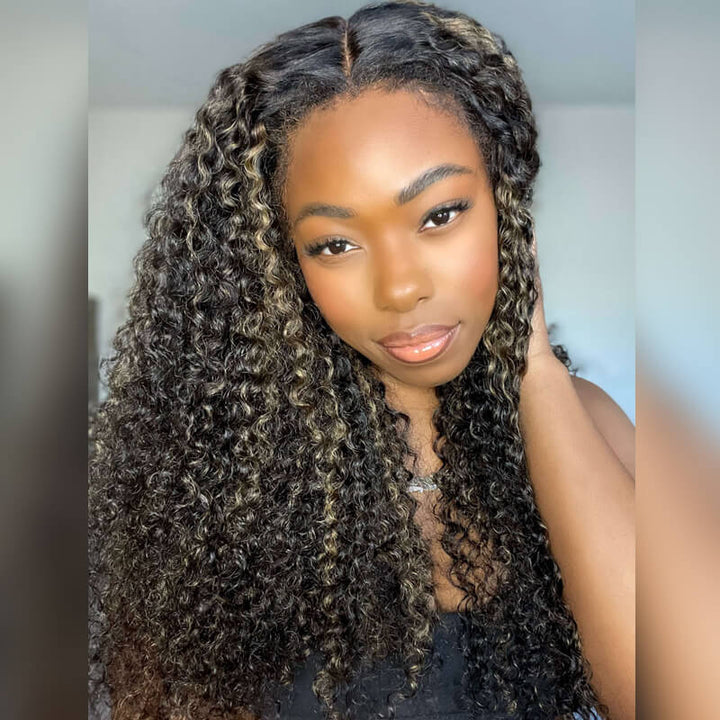 4c Edges Hairline #1B/27 Highlight Curly Human Hair Lace Wig Effortless Kinky Curly Edges 13x4 Undetectable HD Lace Front Wig