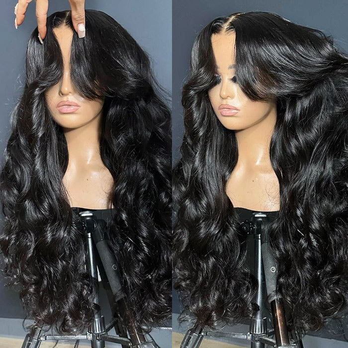 250% Curtain Bangs Loose Body Wave Lace Front Wigs Pre Bleached Bouncy And Full HD Lace Human Hair Wig