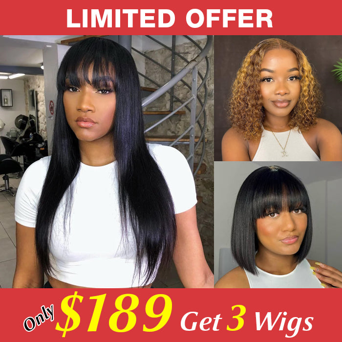 3 Wigs=$189|18 Inch Straight Glueless Wig With Bangs +12 Inch Highlights Deep Wave 4X4 Lace Wig+10” Straight Bob Glueless Wig With Bangs