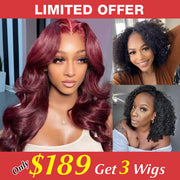 3 Wigs=$189|18 Inch 99J Body Wave 4X4 Lace Wig +12 Inch Beginner Friendly V Part Curly Wig+12” Curly Wear Go Headband Wigs