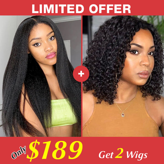 2 Wigs=$189|22 Inch 4C Edge Hairline Kinky Straight Wig+14 Inch Jerry Curly V Part Glueless Wig