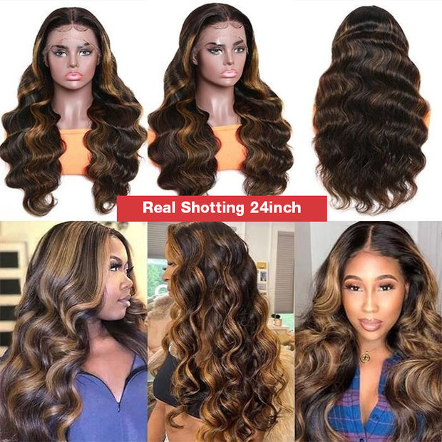 1B/30 Blonde Highlight Body Wave Lace Front Human Hair Wigs For Women