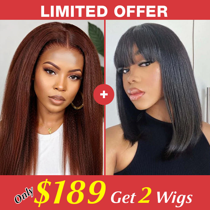 2 Wigs=$189|20 Inch Reddish Brown Kinky Straight Wig +14 Inch Straight Bob Glueless Wig With Bangs