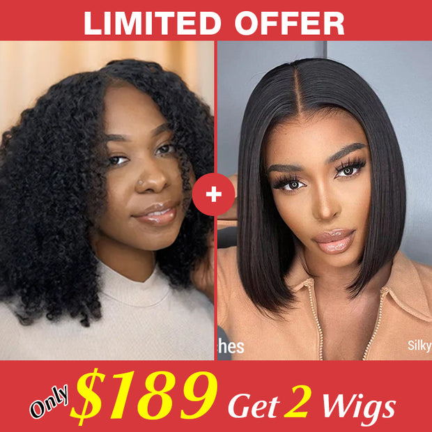 2 Wigs=$189|16 Inches Jerry Curly 13x4 Front Wig +10 Inches Straight 4x4 Lace Bob Wig