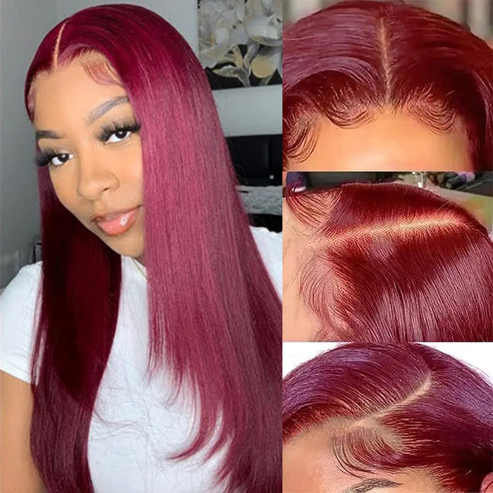 Layered Cut Burgundy 8X5 Pre Cut Lace Front Human Hair Wig 99J Wine Red Colored HD Lace Wig