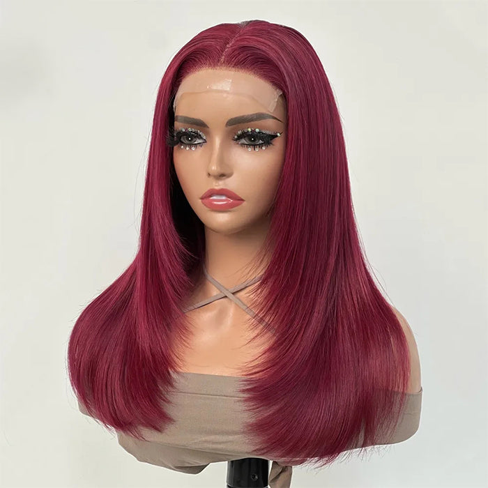 Layered Cut Burgundy 8X5 Pre Cut Lace Front Human Hair Wig 99J Wine Red Colored HD Lace Wig