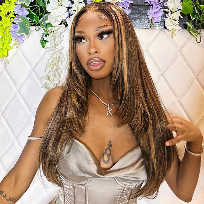 Layered Cut Glueless 13x6 Undetectable HD Lace Front Wig Honey Blonde Highlight Pre-bleached 100% Human Hair