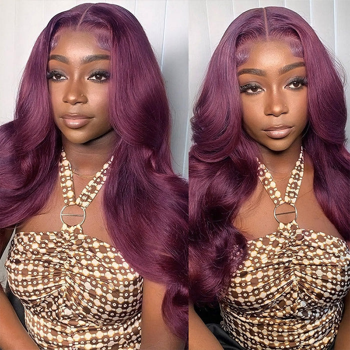 Pop Trend Dark Purple Plum Colored 13x4 Lace Front Wig Real HD Lace Body Wave Human Hair Wig