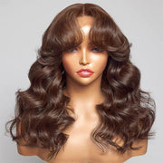 Curtain Bangs 13x4/5x5 HD Lace Body Wave Glueless Wig Butterfly Hair Cut Chestnut Brown Lace Wig