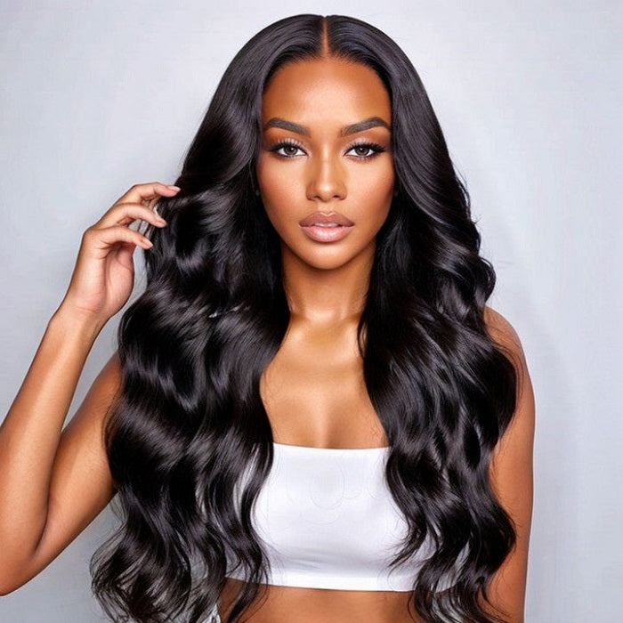 Body Wave Natural Black Human Hair T Part Lace Front Wigs With Natural Hairline