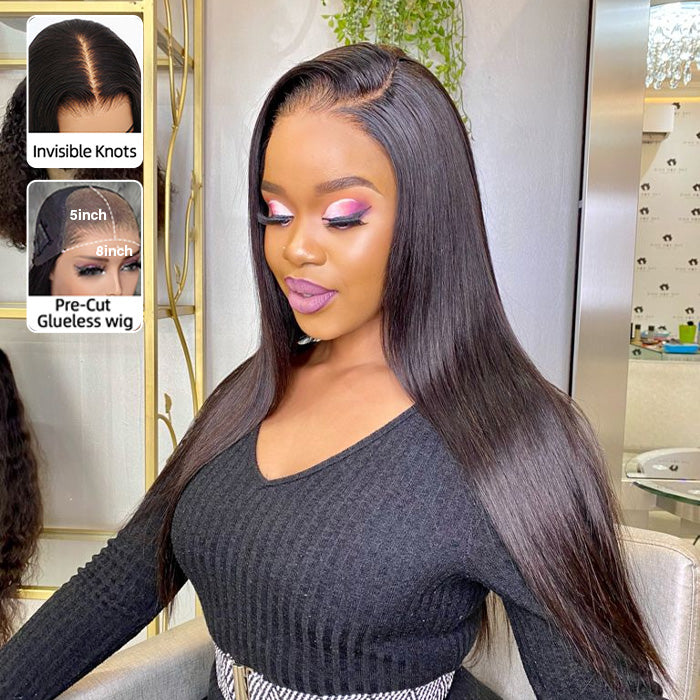 Glueless 13X6 Pre-All Glueless Wig Put On & Go Straight Human Hair Wig Pre-Bleached Tiny Knots Pre-Plucked Natural Hairline