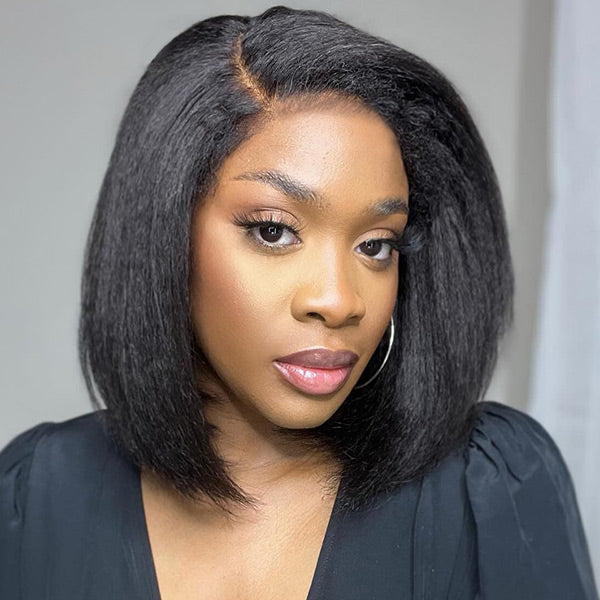 4C Edge Hairline丨Short Bob Kinky Straight 13x4 HD Lace Front Wig with Curly Edges Baby Hair Wigs