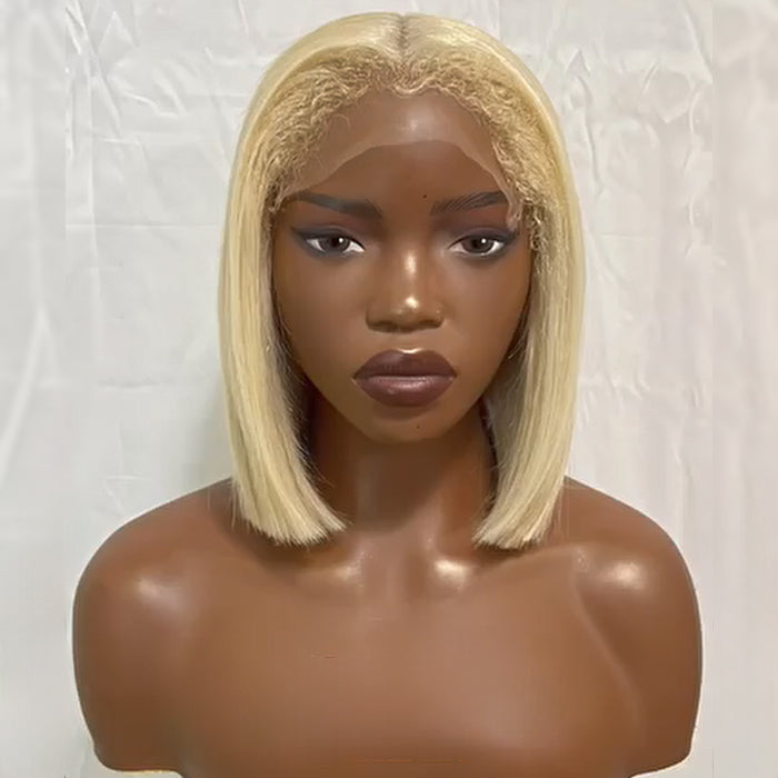 Blonde 4C Edges Straight 13X4 Lace Front Bob Wig Pre Plucked Pre Cut HD Lace 613 Colored Glueless Human Hair Wig For Black Women