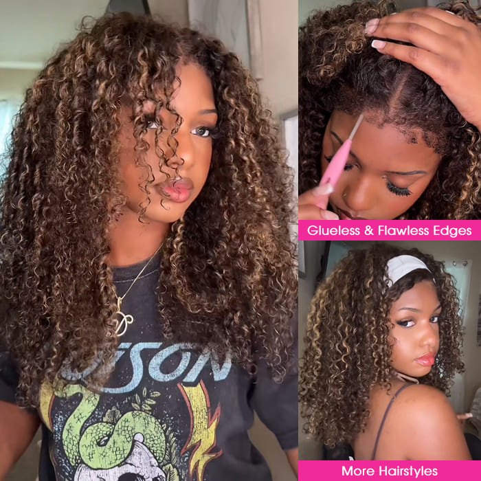 Glueless 4c Edge Blonde Highlight Curly Human Hair Lace Wig Natural Kinky Curly Edges Undetectable HD Lace Front Wig