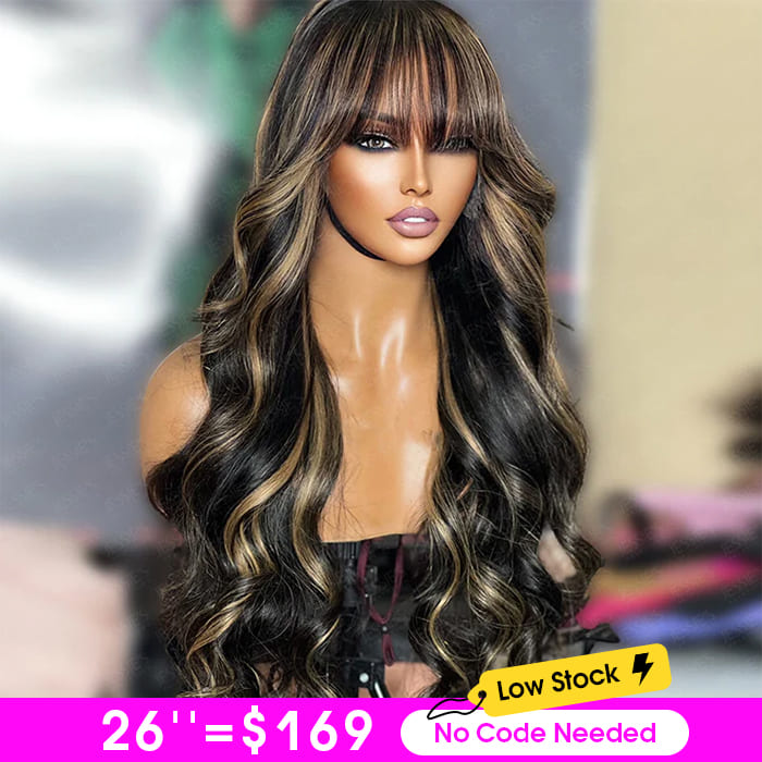 Highlights Body Wave Wig with Bangs Glueless Throw on & Go Cost-effective Wig