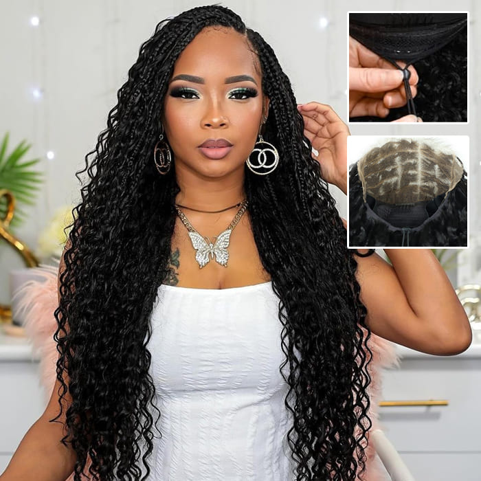 Knotless Handcrafted Boho Braided Loose Curl 13X6 Full HD Lace Front Wig Flexi Fit Elastic Drawstring Cap Human Hair Wig