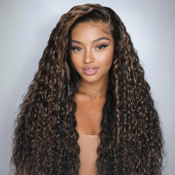 Honey Brown Highlight Water Wave Glueless Human Hair Wig Pre Bleached Pre Cut Undetectable HD Lace Front Wig 220%