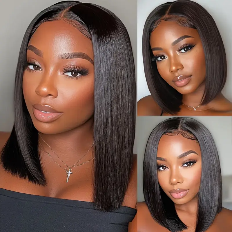 220% Density 10 Inch Short Straight Bob Lace Closure Wig Pre Plucked Pre Bleached Human Hair Wig For Black Women