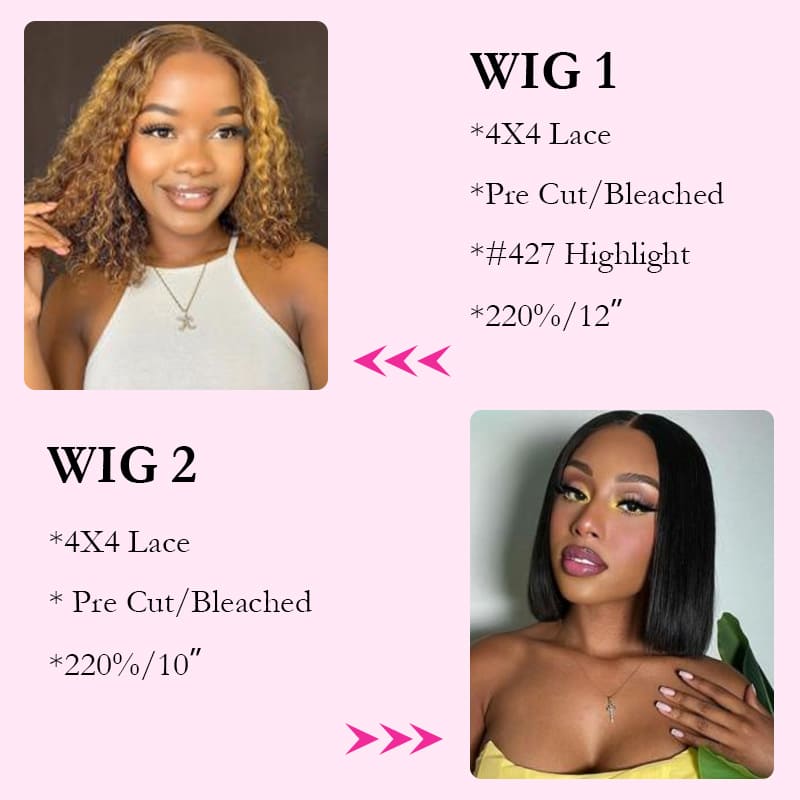 2 Wigs=$129 12” Highlights Water Wave 4X4 Pre Cut Lace Wig + 10” Straight 4X4 Pre Cut Lace Wig
