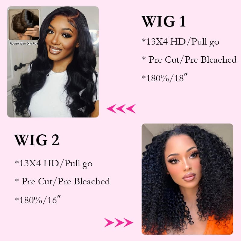 2 Wigs=$169|18'' Pull Go Body Wave 13X4 HD Lace Wig+16 Inch 8X5 Pre Cut Lace Pull Go Body Wave Wig