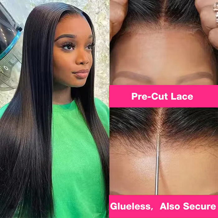 Pre-Bleached Knots Pre-Cut Lace Wig Glueless Wear & Go Straight Human Hair Wig With Pre-plucked Hairline