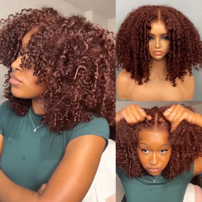 220% Reddish Brown Glueless Deep Curly Pre-cut HD Lace Wig Upgrade 8X5 Lace Short Layered Cut Bouncy And Fluffy Curly Wig