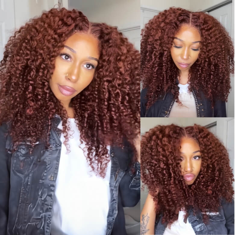 220% Reddish Brown Glueless Deep Curly Pre-cut HD Lace Wig Upgrade 8X5 Lace Short Layered Cut Bouncy And Fluffy Curly Wig
