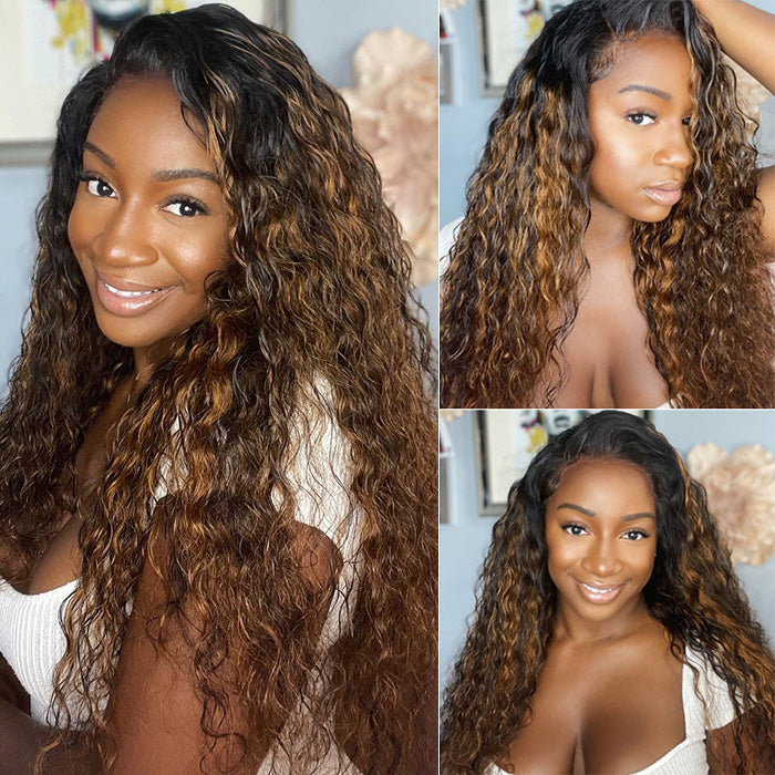 1B/30 Water Wave Highlight Wigs Human Hair Pre Plucked Ombre Highlight Lace Front Wig