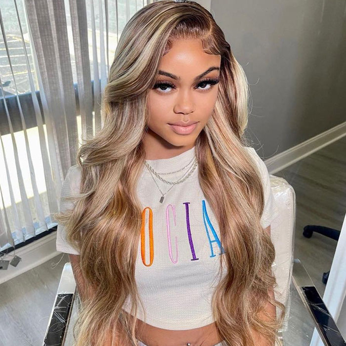 Light Brown Wig With Blonde Highlights And Dark Root 13x4 Undetectable Invisible HD Lace Front Human Hair Wigs