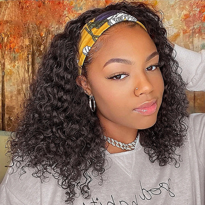 220% Density Curly Human Hair Headband Wig Glueless Full Machine Made Wig