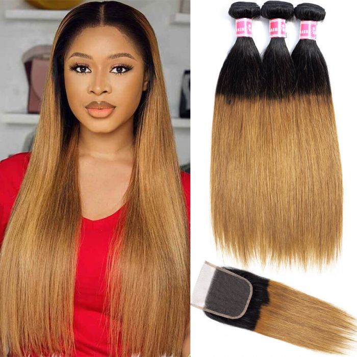 1B/30 Ombre Hair Brazilian Straight Human Hair 3 Bundles with Lace Closure 4x4 100% Unprocessed Virgin Hair