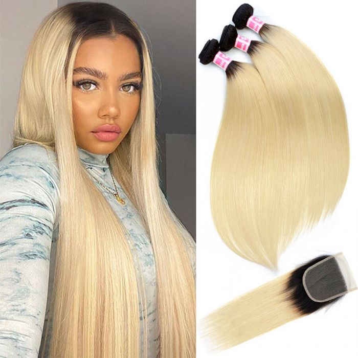 1B/613 Color Ombre Hair Virgin Straight Hair 3 Bundles With 4x4 Lace Closure
