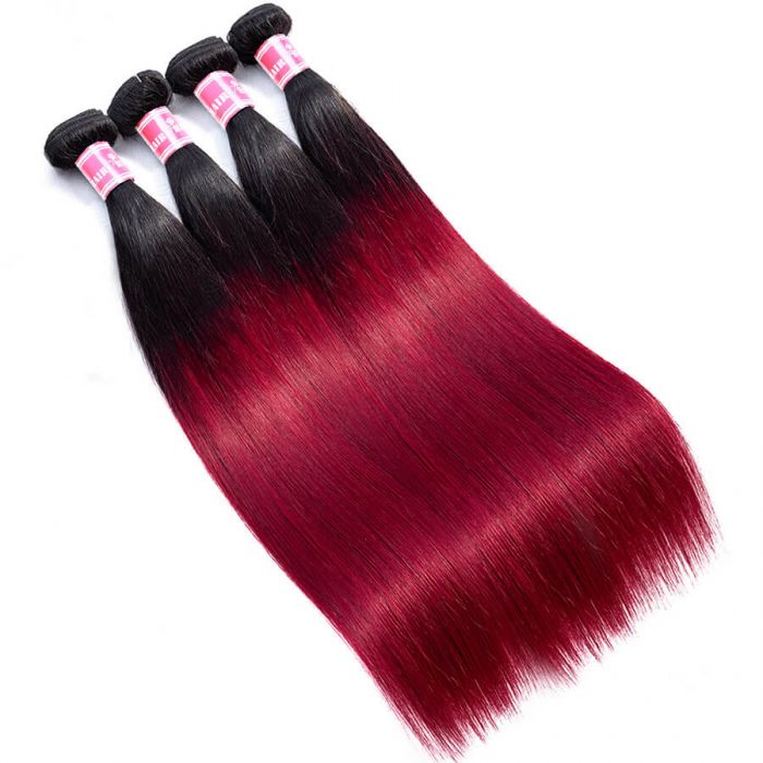 Pre-Colored 1B/99J Ombre Wine Red Virgin Human Hair Weave Brazilian Straight Hair 4 Bundles