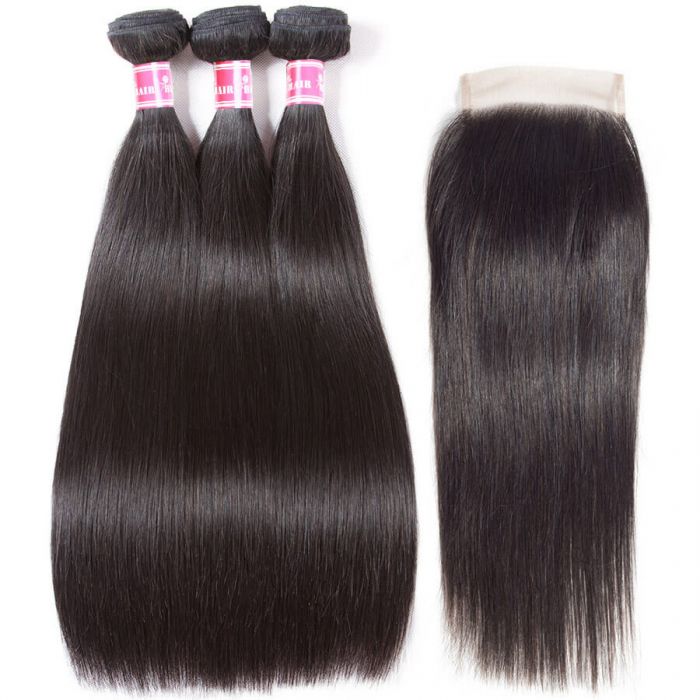 Brazilian Virgin Straight Hair 3 Bundles With 4*4 HD Lace Closure Human Hair Extensions