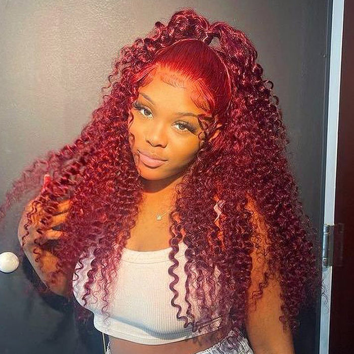 99J Colored Curly 13x4 13x6 HD Lace Frontal Real Human Hair Wigs Burgundy Glueless Human Hair Wig