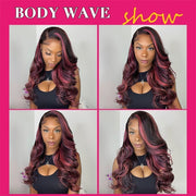 Black Hair With Purple Red Highlights Lace frontal Wigs Human Hair Body Wave/Straight Color Wig