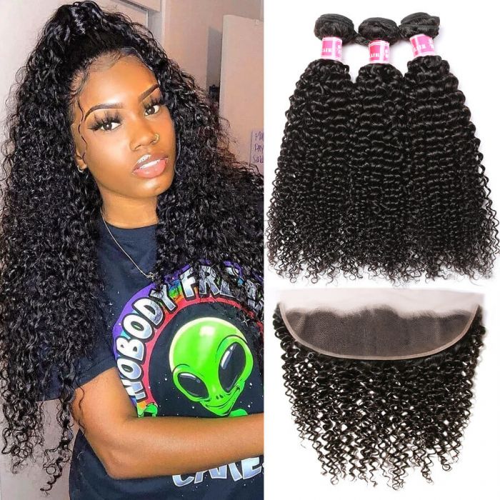 Brazilian Virgin Curly Hair 3 Bundles With 13X4 Lace Frontal Or 4C Edges Lace Frontal 100% Human Hair Weave