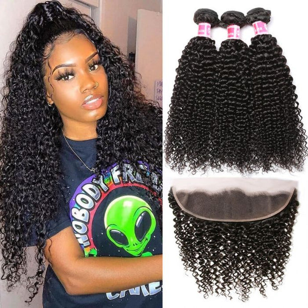 Brazilian Virgin Curly Hair 3 Bundles With 13X4 Lace Frontal 100% Human Hair Weave