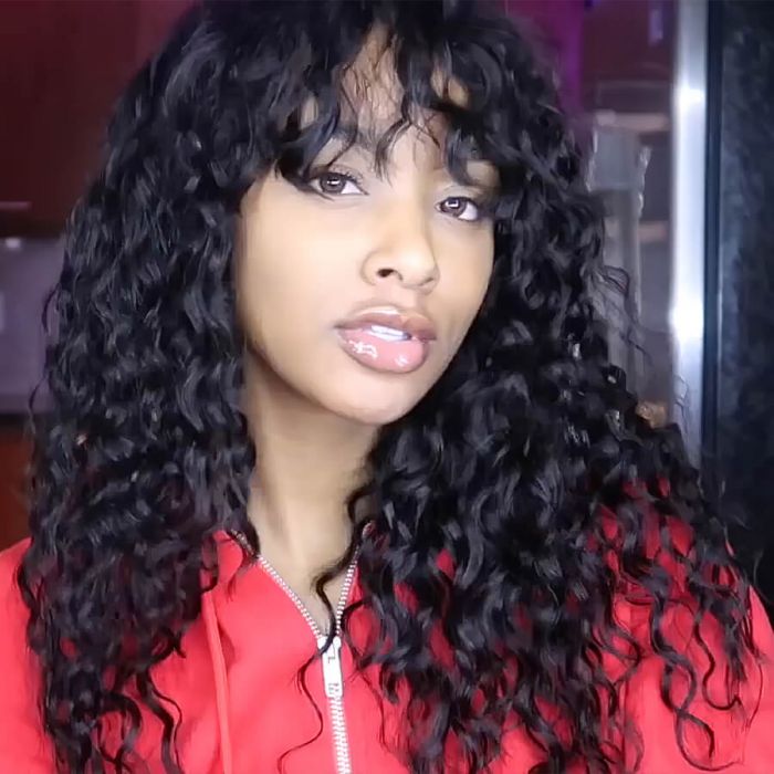 Water Wave Human Hair Wigs With Bangs No Lace Front Human Hair Wigs Full Machine Made Wig 180% Density