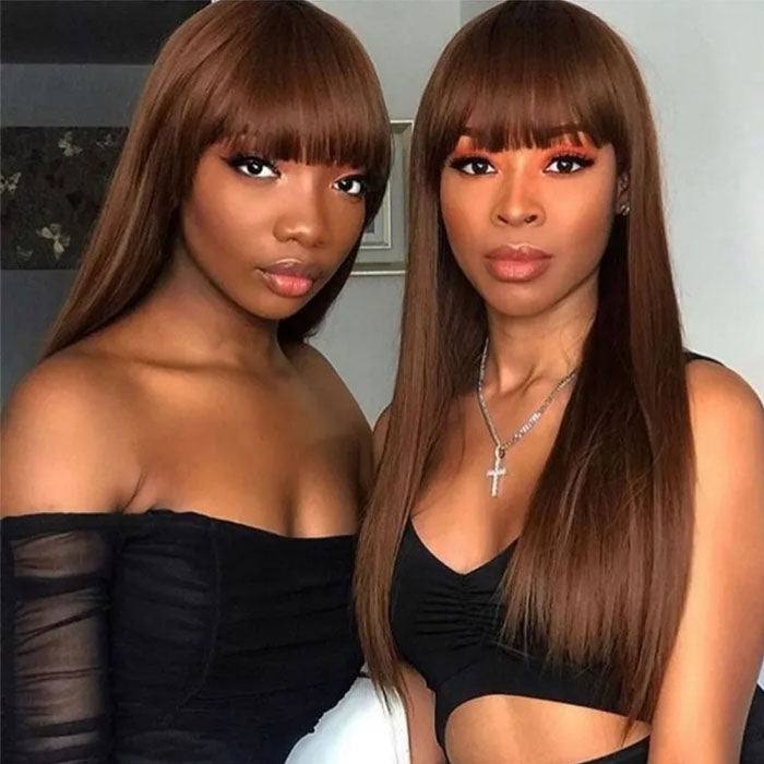 Chocolate Brown Wig With Bangs Straight Glueless Top 2x4 Lace Wig With Bangs