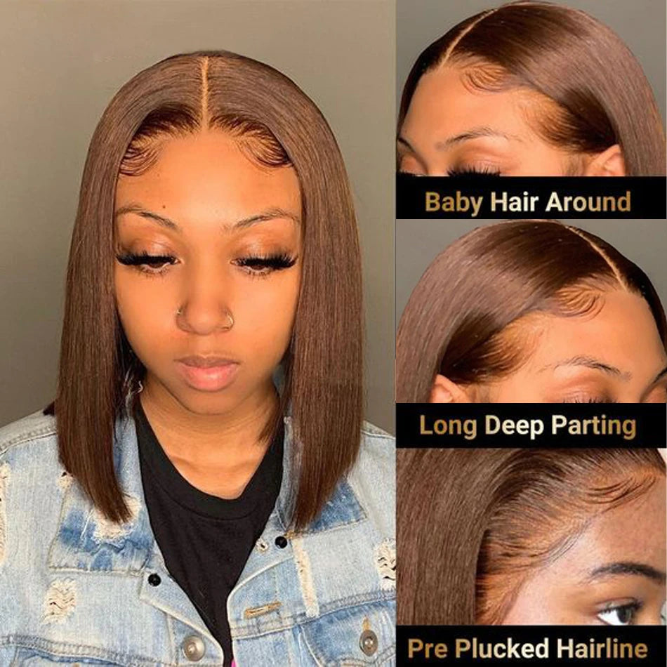 Soft Short Bob Chocolate Brown Straight Hair Lace Front Wig Glueless Daily Wear Wig