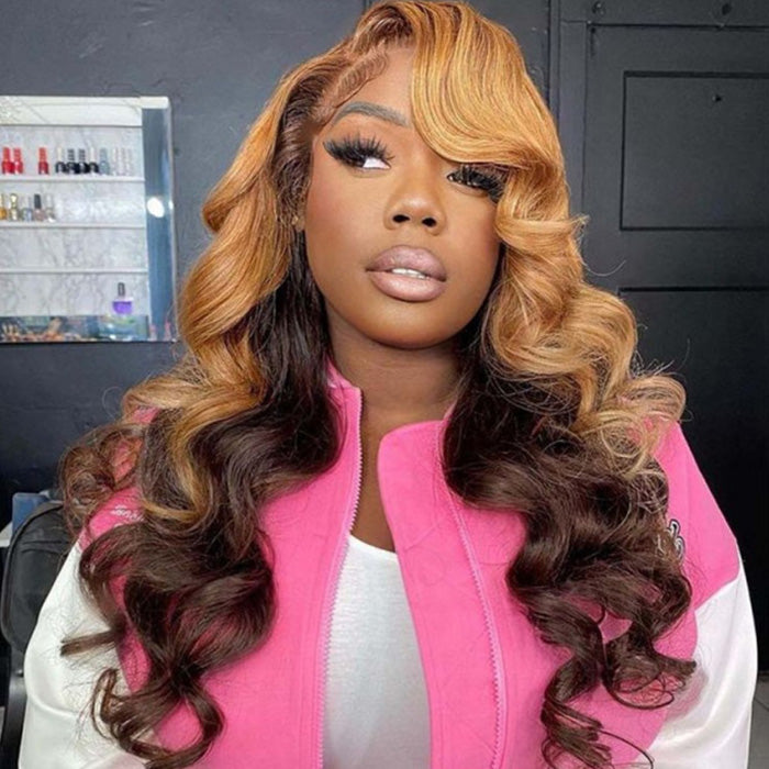 Ombre Honey Blonde With Brown Wigs Body Wave 13x4 Undetectable HD Lace Front Wigs Human Hair