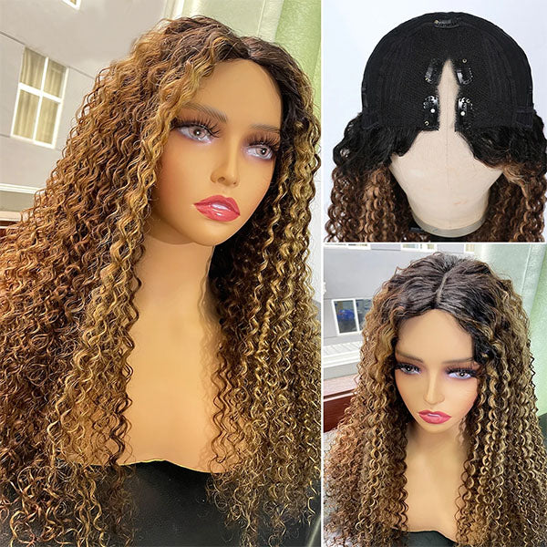 #412 Highlight V Part Curly Wig With Dark Roots No Leave Out Honey Blonde Human Hair Wig Beginner Friendly