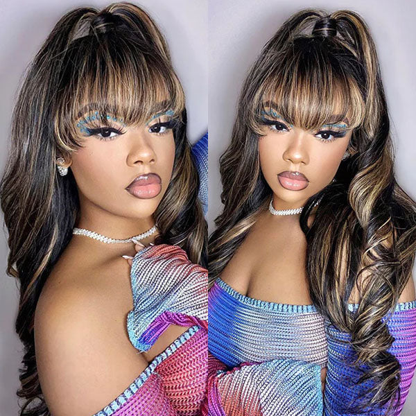 Highlight Honey Blonde Wig With Bangs Ombre Brown Human Hair 4x4/13x4 HD Lace Front Wigs 180%