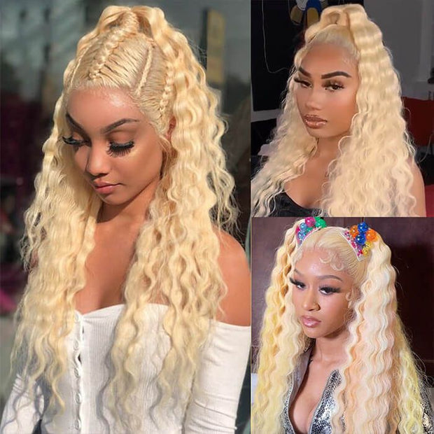 613# Deep Wave 13x4 HD Lace Front Wigs Barbie Colored Human Hair 220% Density Pre plucked Bleached knots With Baby Hair