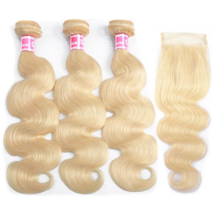 613 Blonde Virgin Hair Body Wave 3 Bundles With 4x4 Lace Closure 100% Human Hair Weave