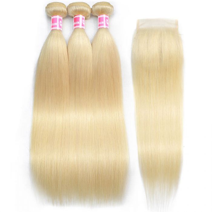 Pure 613 Color Straight Hair 3 Bundles With 4x4 Lace Closure Unprocessed Brazilian Virgin Human Hair