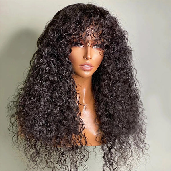 Water Wave Human Hair Wigs With Bangs No Lace Front Human Hair Wigs Full Machine Made Wig 150% Density